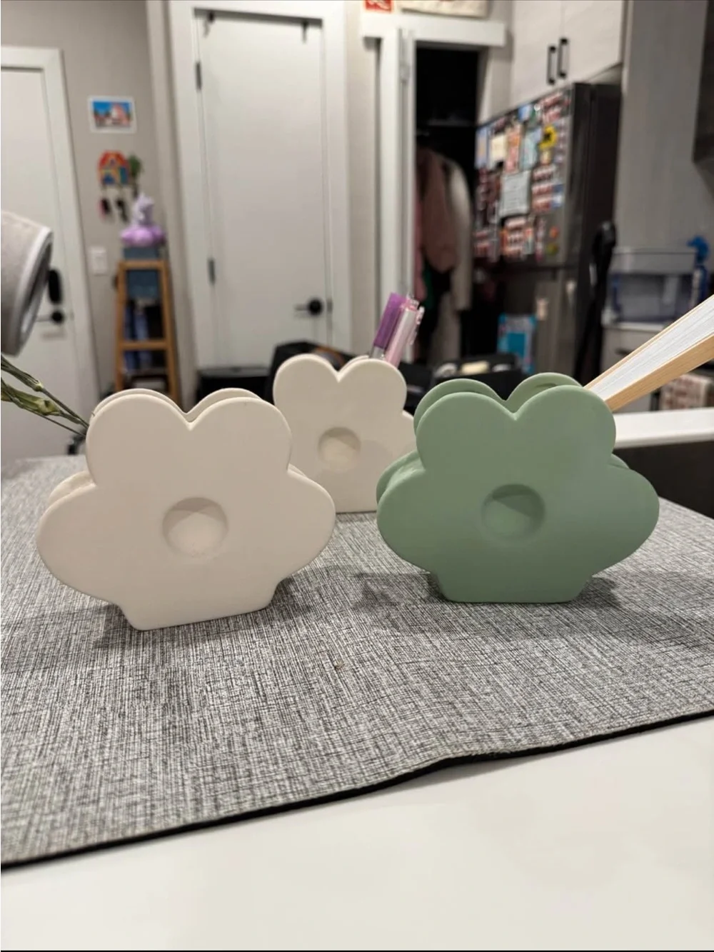 3 Green and White Flower Vase Set